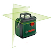 Grön laserlinje i kors projiceras från en grön och svart enhet med Bosch-logotyp och röd knapp.