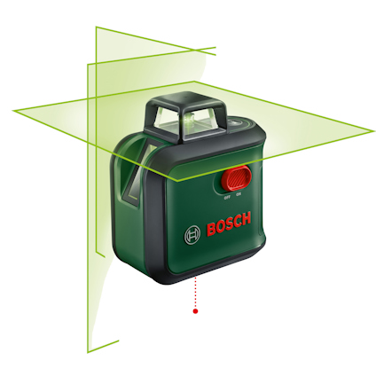 Grön laserlinje i kors projiceras från en grön och svart enhet med Bosch-logotyp och röd knapp.