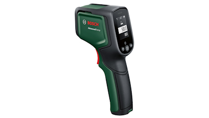 Grön och svart termodetektor med varumärket Bosch, digital skärm som visar temperaturavläsningar.