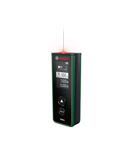 Laseravståndsmätare i svart och grönt med digital display som visar avstånd. En röd laserstråle projiceras från toppen.