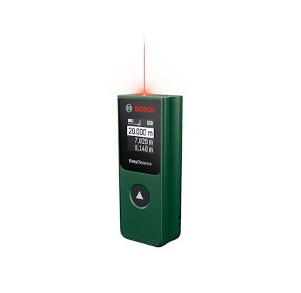 Laseravståndsmätare med digital display, visar mätvärde och har en knapp mitt på enheten. Lysande röd laserstråle på toppen.