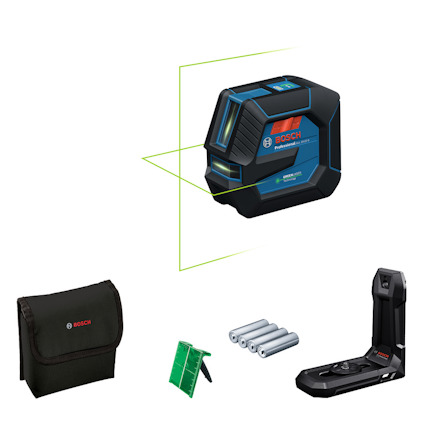 Linjebaserad laser med grön stråle, fodral, batterier, fäste och måltavla.