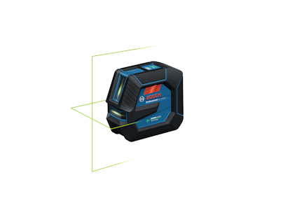 Svart och blå linjelaser med gröna laserlinjer i ett korsmönster, märkt med Bosch Professional-logotyp.