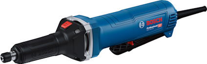 Blå rakslipmaskin med svart handtag och strömsladd. Bosch Professional-logotyp synlig.