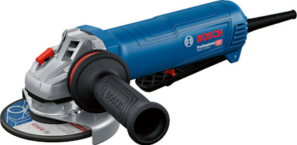 Vinkelslip från Bosch med blått och svart handtag, rött varumärke och synlig kapskiva.