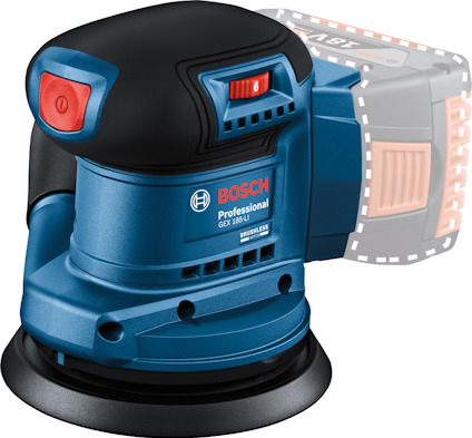 Excenterslipmaskin i blå och svart med rött reglage, Bosch-logotyp och modellnummer "GEX 185-LI".