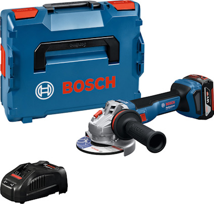 Blå vinkelslip med svart handtag, batteri och laddare står framför en blå Bosch-väska.
