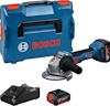 Vinkelslip, batteri, laddare och blå förvaringslåda med Bosch-logotyp.