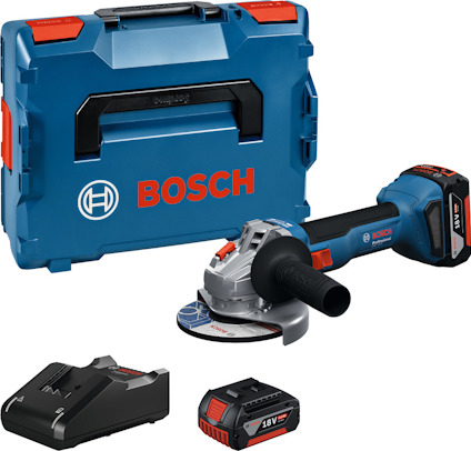 Vinkelslip, batteri, laddare och blå förvaringslåda med Bosch-logotyp.