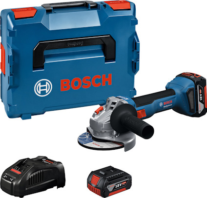 Vinkelslip med blått och orange Bosch-fodral, två batterier och en laddare. 18V märkning synlig.