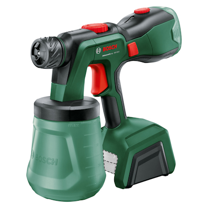 Grön sprutpistol med ergonomiskt handtag och avtagbar behållare, märkningen "Bosch" synlig på sidan.