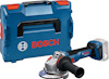 Vinkelslip med blå handtag och ett Bosch-fodral i bakgrunden.