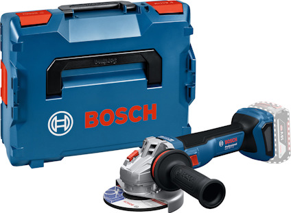 Vinkelslip med blå handtag och ett Bosch-fodral i bakgrunden.