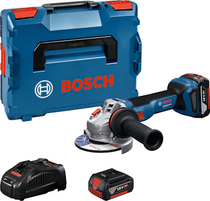 Blå och röd vinkelslip från Bosch med laddare, batteri och blå förvaringslåda.