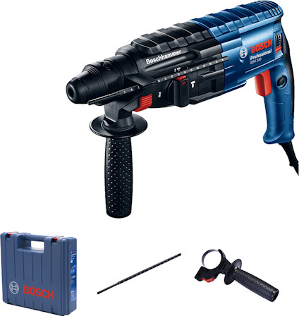Borrhammare med extra handtag, borrbits och förvaringsväska. Märkt "Boschhammer GBH 240" och "Bosch Professional".