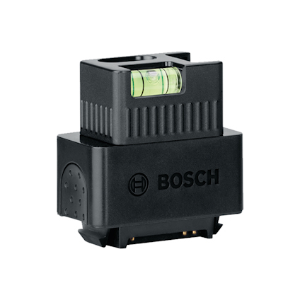 Svart linjelaseradapter med inbyggt vattenpass och Bosch-logotyp.