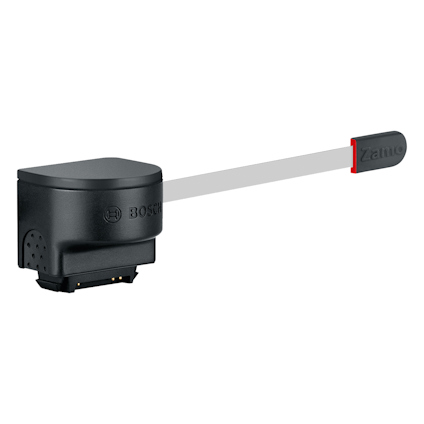 Måttband adapter i svart plast med utdragbar grå remsa. Bosch-logotyp synlig.