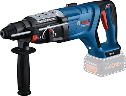 Borrhammare Bosch ProCORE 18V, blå och svart, med röd och silverdetaljer, utan batteri monterat.