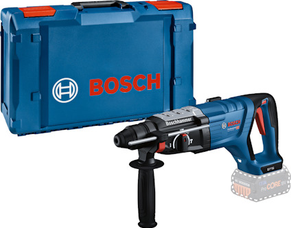 Borrhammare med blå och röd design, placerad framför en blå verktygslåda med Bosch-logotyp.