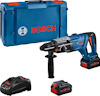 Blå sladdlös borrhammare med extra batteri och laddare, framför en blå transportlåda, märkta med Bosch-logotypen.