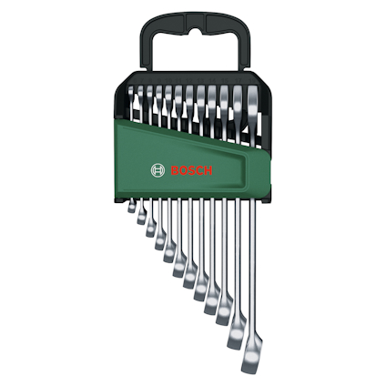 Tolv spärrnycklar i olika storlekar i ett grönt och svart fodral med Bosch-logotyp.