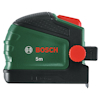Grönt och svart måttband med rött reglage och vit text som lyder "BOSCH 5m".