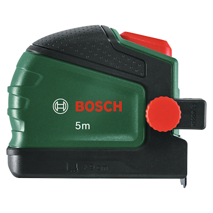Grönt och svart måttband med rött reglage och vit text som lyder "BOSCH 5m".