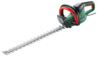 Grön häcksax med röd och svart dekoration, lång klinga och elektrisk kabel.