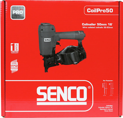 Röd förpackning med en bild av en Senco Coilnailer, text "CoilPro50", och specifikationer för wire collated coil nails.