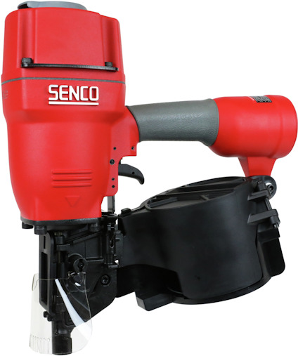 Spikpistol med röd och grå design, märkt "Senco", med svart magasinsfack.