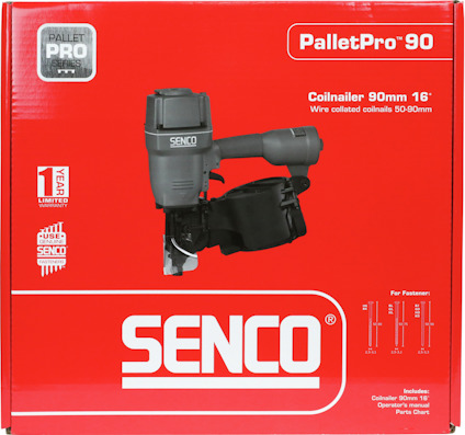 Röd förpackning med en Senco PalletPro 90 coilnailer avbildad. Text: "Coilnailer 90mm 16'".