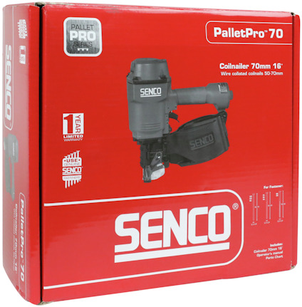 Röd förpackning med vit text och bild av en Senco PalletPro 70 spikpistol.
