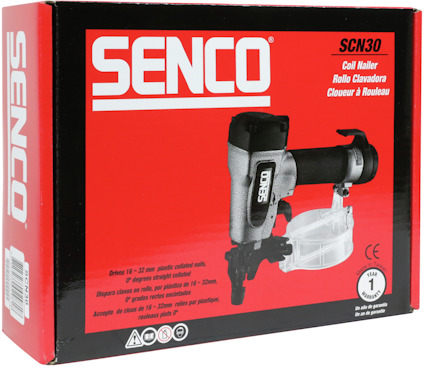 Förpackning av Senco SCN30 spikpistol med röd och svart design samt produktinformation på olika språk.