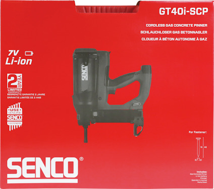 Röd förpackning med text "SENCO GT40i-SCP" och bild på en sladdlös spikpistol. Innehåller information om garanti och typ av batteri.