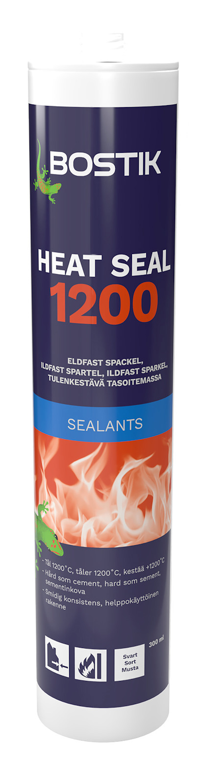 Förpackning av Bostik Heat Seal 1200 med text och grafik av eldflammor.