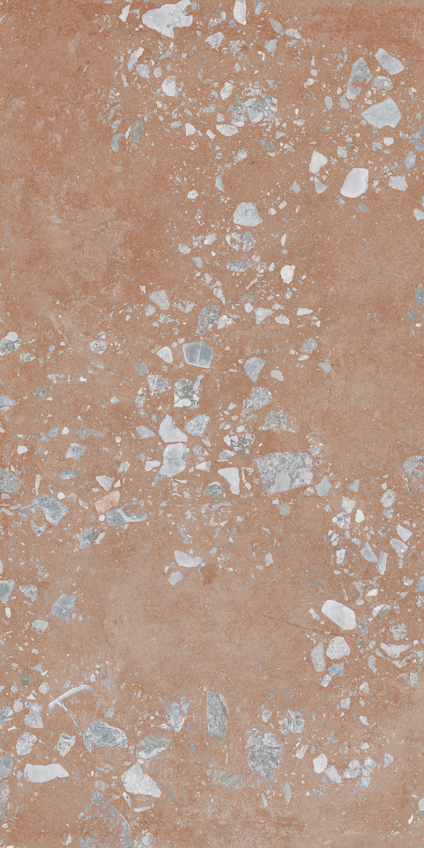 Brun granitkeramik med oregelbundna ljusa steninläggningar i terrazzo-stil.