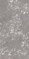 Keramisk platta med grå terrazzo-design, innehållande ojämnt fördelade stenar i olika gråvita nyanser.