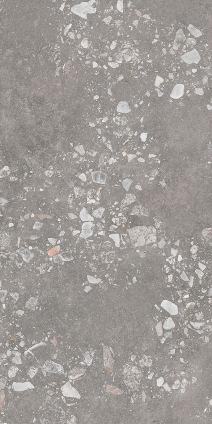 Keramisk platta med grå terrazzo-design, innehållande ojämnt fördelade stenar i olika gråvita nyanser.