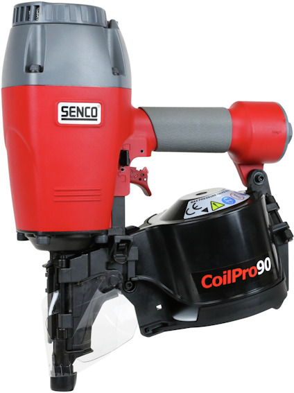 Röd och grå spikpistol märkt "SENCO" med texten "CoilPro90" på magasinet.