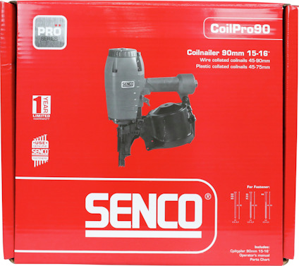 Röd förpackning med texten "SENCO CoilPro 90" och bild på en spikpistol.