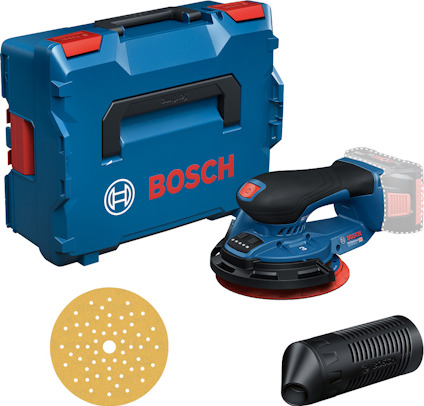 Excenterslipmaskin med blå och svart design, rund sandpappersplatta, filter och blå verktygslåda med Bosch-logotyp.