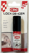 Förpackning med CRC Lock De-Icer låsspray, produktbild med röd-vit design och illustration av lås.