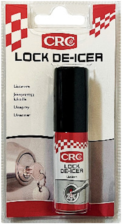 Förpackning med CRC Lock De-Icer låsspray, produktbild med röd-vit design och illustration av lås.