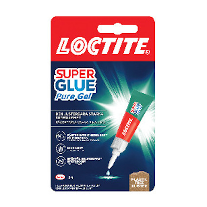 Förpackning med Loctite Super Glue Pure Gel, 3g. Röd och blå design med vit text.