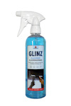Sprayflaska med blå vätska och etikett med texten "GLINZ GLASRENGÖRING".