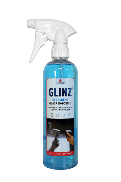 Sprayflaska med blå vätska och etikett med texten "GLINZ GLASRENGÖRING".