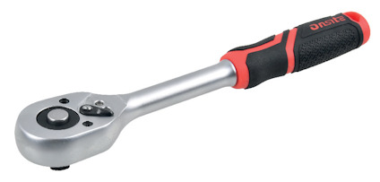 Spärrhandtag i metall med svart och rött grepp.