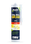 Vit tub med etikett i flera färger, texten "Bostik Foil Seal Grab" och bilder av användningsområden.