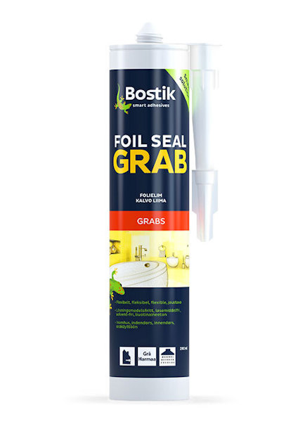 Vit tub med etikett i flera färger, texten "Bostik Foil Seal Grab" och bilder av användningsområden.