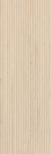Ljust kakel med vertikala linjer och träliknande textur i en beige nyans.